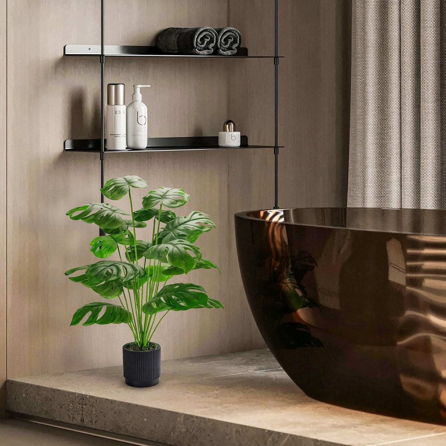 28" Black Pot Fake Monstera Plants, Large Artificial Potted Plants for Indoor & Outdoor Floor Front Porch Modern Decor