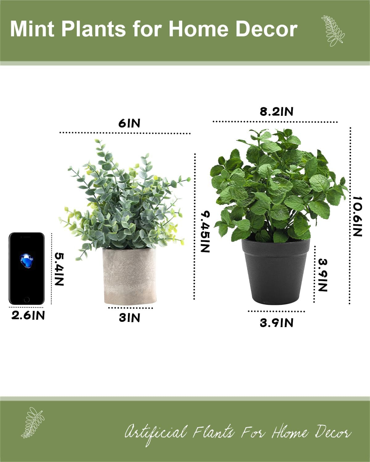 Small Fake Plants Mint Artificial Potted Plants for Home Office Bathroom Shelf Farmhouse Coffee Table Decor (Green)