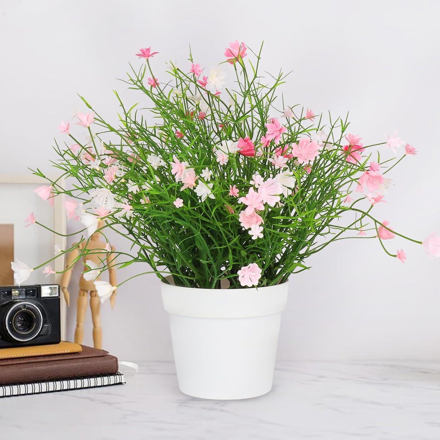 Artificial Babys Breath Potted Fake Plants with Flowers Faux Plants Indoor for Home Office Bookshelf Table Room Decor (Pink)