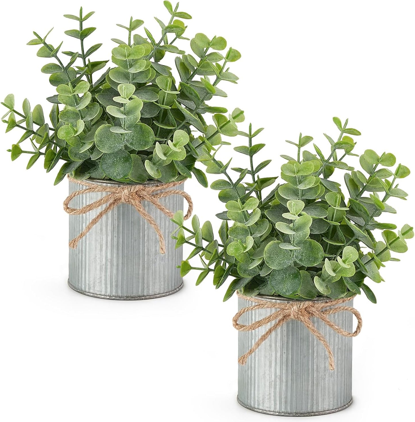 2 Packs Small Fake Plants in Farmhouse Galvanized Pots Table Centerpiece Mini Faux Eucalyptus Potted Artificial Plants for Bathroom Shelf Room Rustic Home Decor