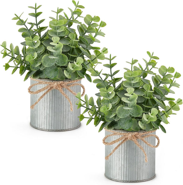 2 Packs Small Fake Plants in Farmhouse Galvanized Pots Table Centerpiece Mini Faux Eucalyptus Potted Artificial Plants for Bathroom Shelf Room Rustic Home Decor