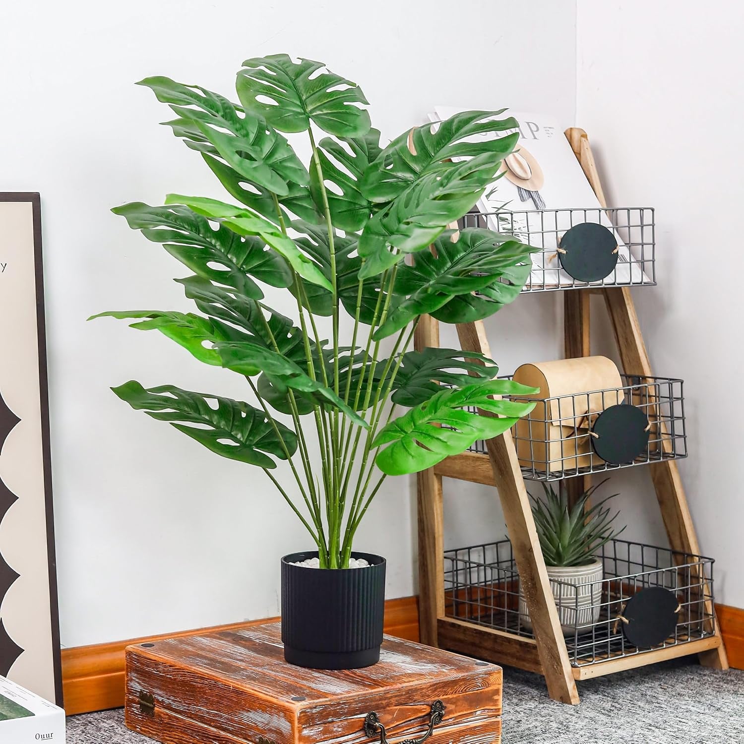 28" Black Pot Fake Monstera Plants, Large Artificial Potted Plants for Indoor & Outdoor Floor Front Porch Modern Decor