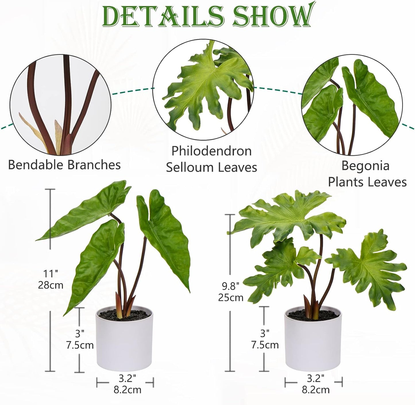 Fake Plants Set of 2 Artificial Potted Plants Faux Plants Begonia Plants in White Pots Real Touch Leaves for Office Table Desk Shelf Bathroom Bedroom Greenery Decoration Home Indoor Decor