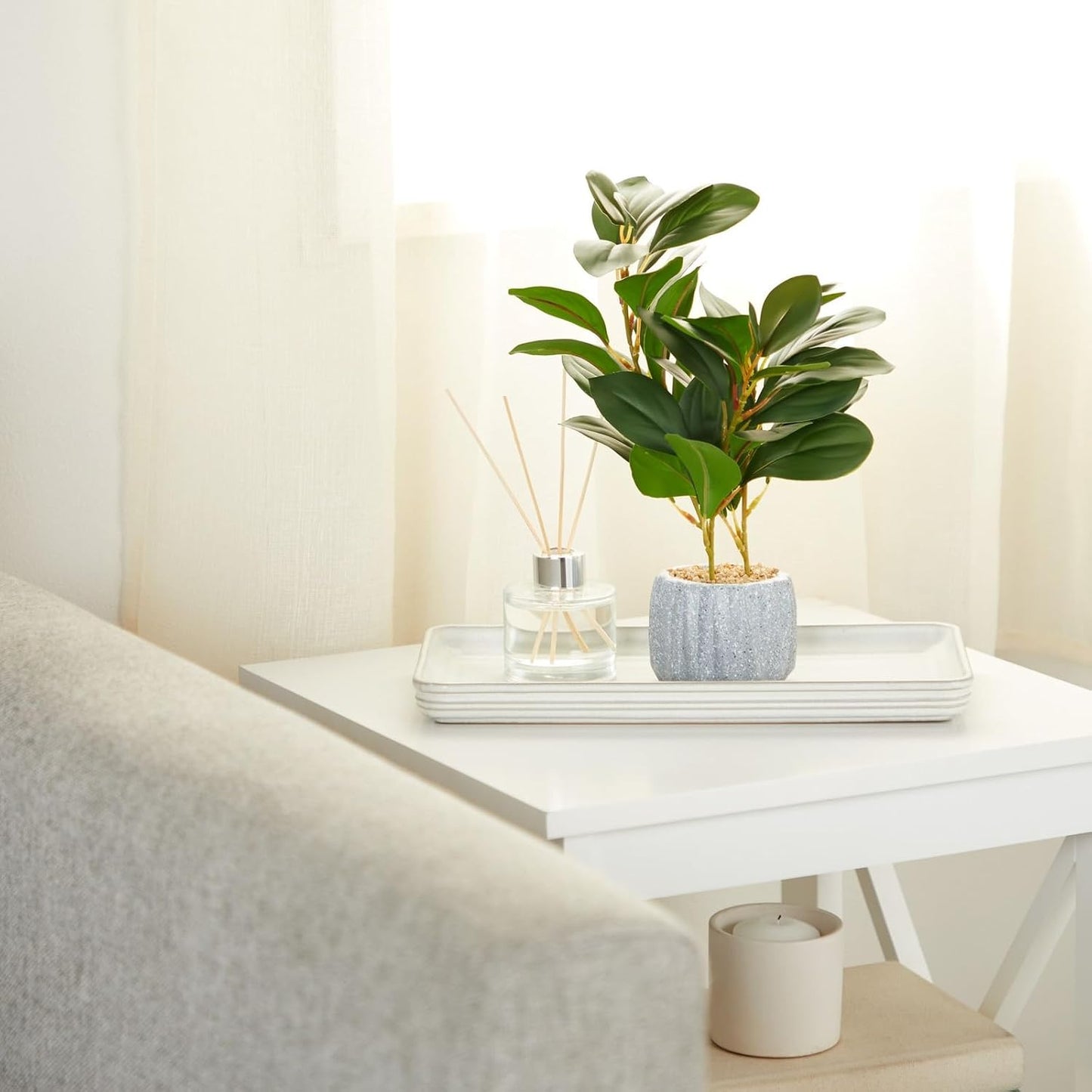 Small Artificial Ficus Plant Potted in Small Gray Cement Planter for Home Decor (11.8 In)
