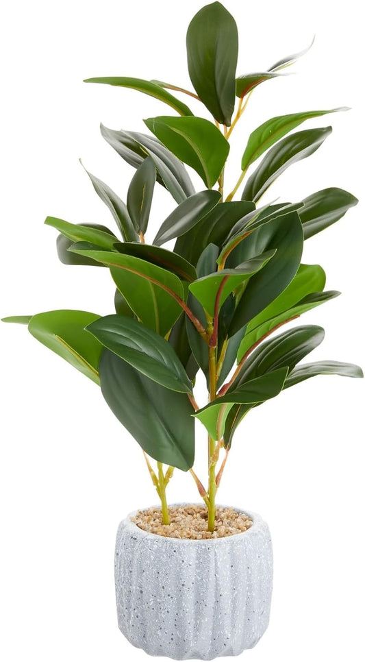 Small Artificial Ficus Plant Potted in Small Gray Cement Planter for Home Decor (11.8 In)