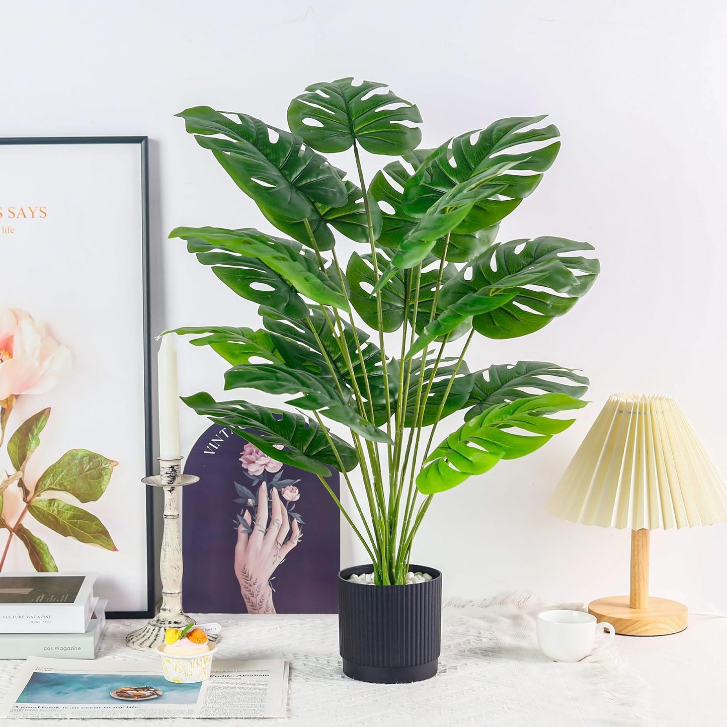 28" Black Pot Fake Monstera Plants, Large Artificial Potted Plants for Indoor & Outdoor Floor Front Porch Modern Decor