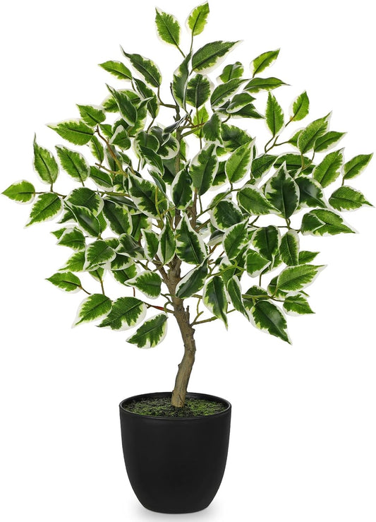 Artificial Potted Plants Indoor,19" Faux Plants Ficus Leaves Trees in Pot Realistic Fake Plant Indoor Potted for Living Room Office Farmhouse Room Bathroom Bedroom Kitchen Plant Decor Green and White