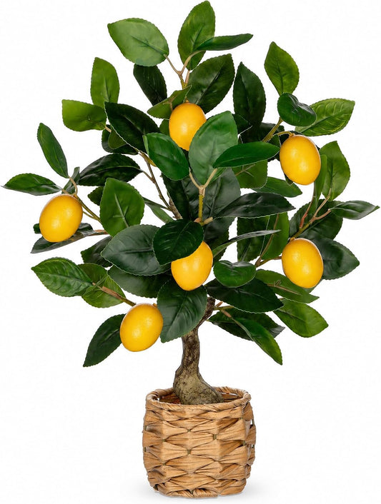 Artificial Potted Plants 17.3 Inches Small Fake Lemon Tree Artificial Lemons Citrus Tree with Woven Pot Faux Plants Indoor Lemon Decorations for Home,Office, Living Room Table, Desk