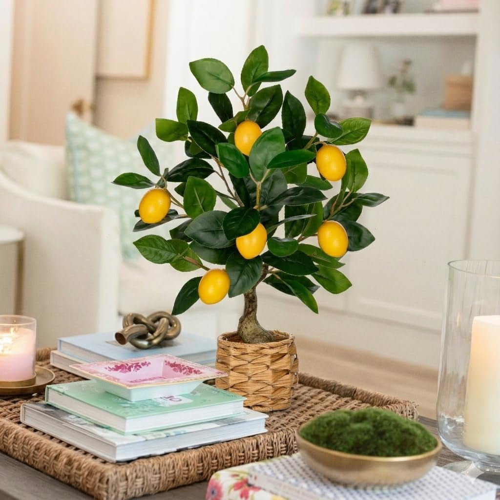 Artificial Potted Plants 17.3 Inches Small Fake Lemon Tree Artificial Lemons Citrus Tree with Woven Pot Faux Plants Indoor Lemon Decorations for Home,Office, Living Room Table, Desk
