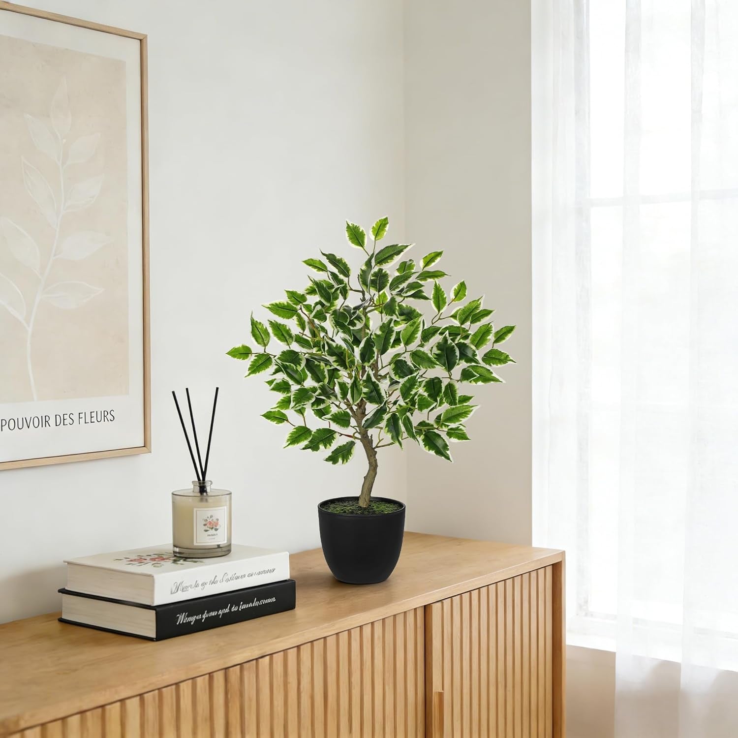 Artificial Potted Plants Indoor,19" Faux Plants Ficus Leaves Trees in Pot Realistic Fake Plant Indoor Potted for Living Room Office Farmhouse Room Bathroom Bedroom Kitchen Plant Decor Green and White