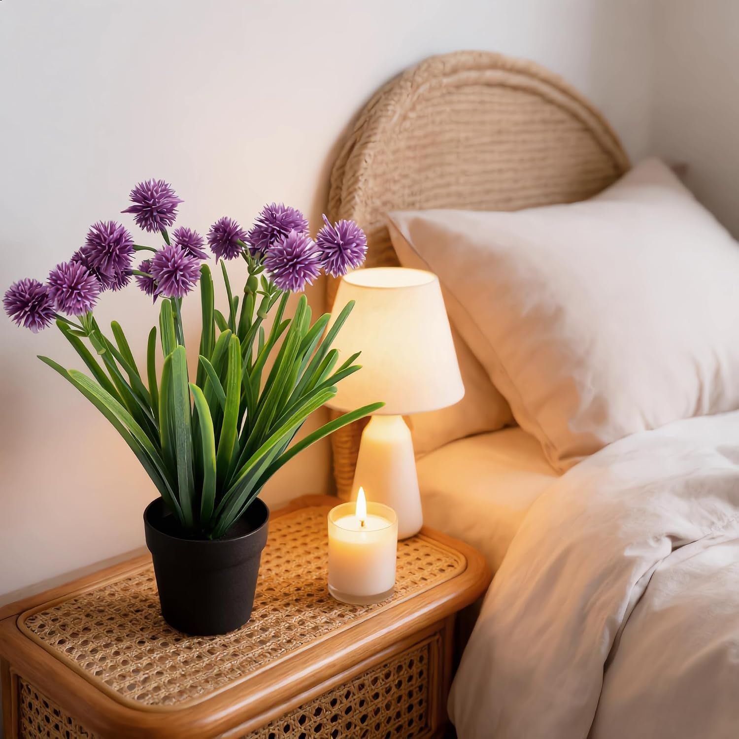 Artificial Potted Plants, Realistic Fake Greenery for Desk, Home Office Bathroom Shelf Farmhouse Table Decor, Maintenance Free (2, Allium Giganteum Purple)