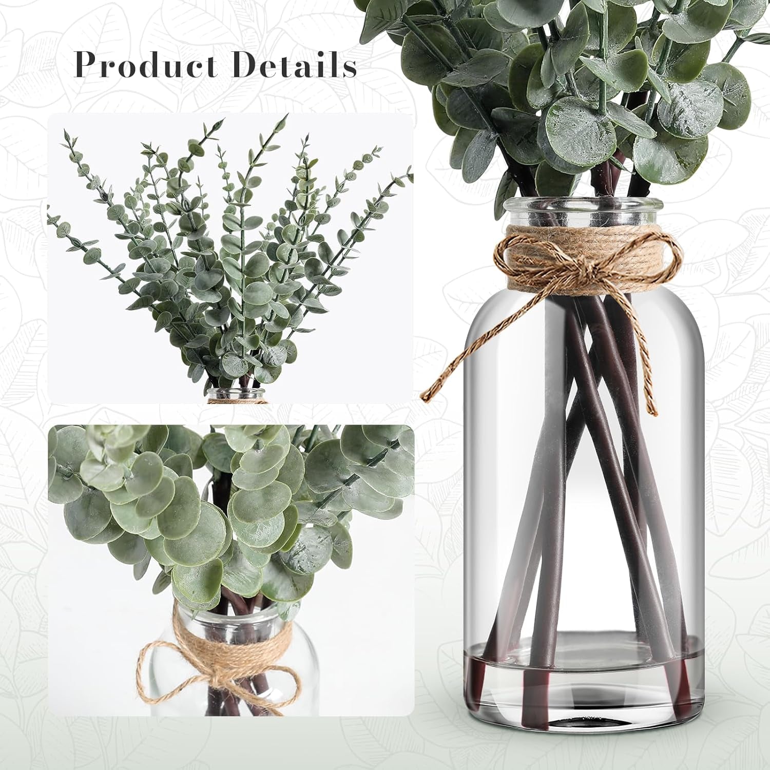 Artificial Eucalyptus Stems in Glass Vase with Hemp Rope and Faux Water 17.5Inches Table Decorations Fake Greenery Plants Stems Fake Plants Leaves for Farmhouse Livingroom Bathroom, Light Green