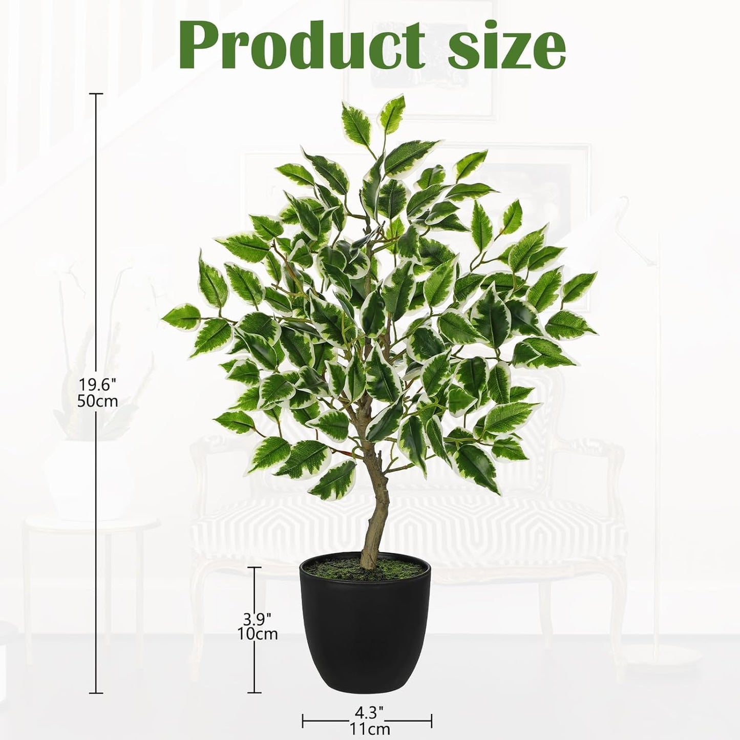 Artificial Potted Plants Indoor,19" Faux Plants Ficus Leaves Trees in Pot Realistic Fake Plant Indoor Potted for Living Room Office Farmhouse Room Bathroom Bedroom Kitchen Plant Decor Green and White