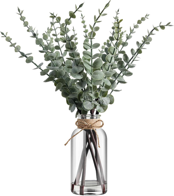 Artificial Eucalyptus Stems in Glass Vase with Hemp Rope and Faux Water 17.5Inches Table Decorations Fake Greenery Plants Stems Fake Plants Leaves for Farmhouse Livingroom Bathroom, Light Green