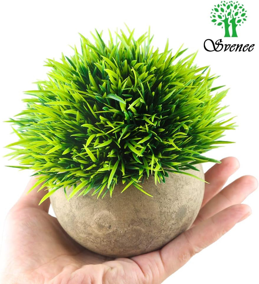 Mini Artificial Plants, Plastic Fake Green Grass Faux Greenery Topiary Shrubs with Grey Pots for Bathroom Home Office Décor, House Decorations (1)