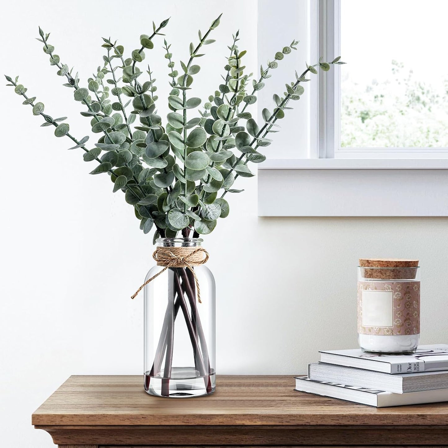 Artificial Eucalyptus Stems in Glass Vase with Hemp Rope and Faux Water 17.5Inches Table Decorations Fake Greenery Plants Stems Fake Plants Leaves for Farmhouse Livingroom Bathroom, Light Green