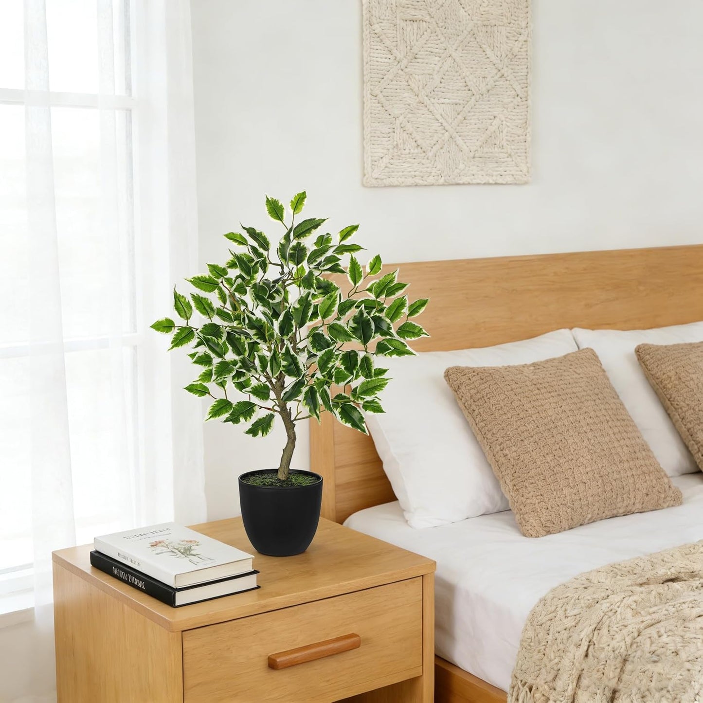Artificial Potted Plants Indoor,19" Faux Plants Ficus Leaves Trees in Pot Realistic Fake Plant Indoor Potted for Living Room Office Farmhouse Room Bathroom Bedroom Kitchen Plant Decor Green and White