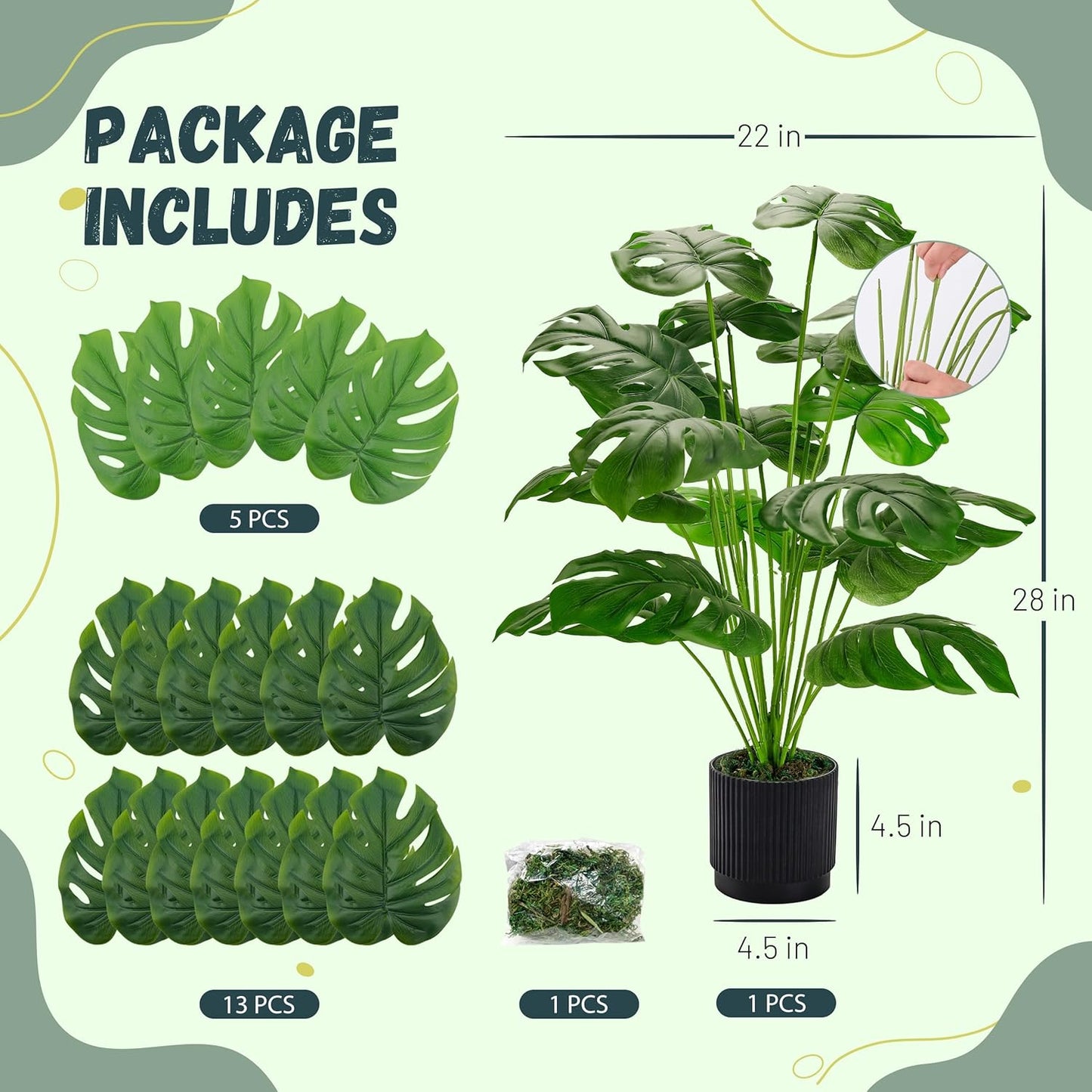 28" Black Pot Fake Monstera Plants, Large Artificial Potted Plants for Indoor & Outdoor Floor Front Porch Modern Decor