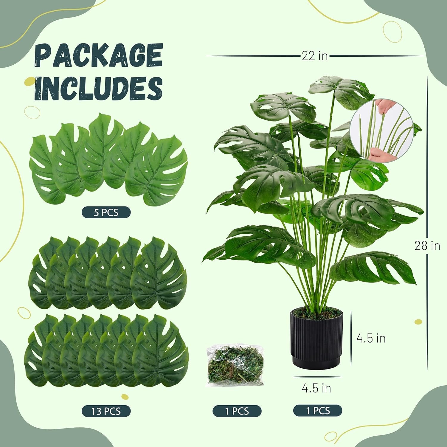 28" Black Pot Fake Monstera Plants, Large Artificial Potted Plants for Indoor & Outdoor Floor Front Porch Modern Decor