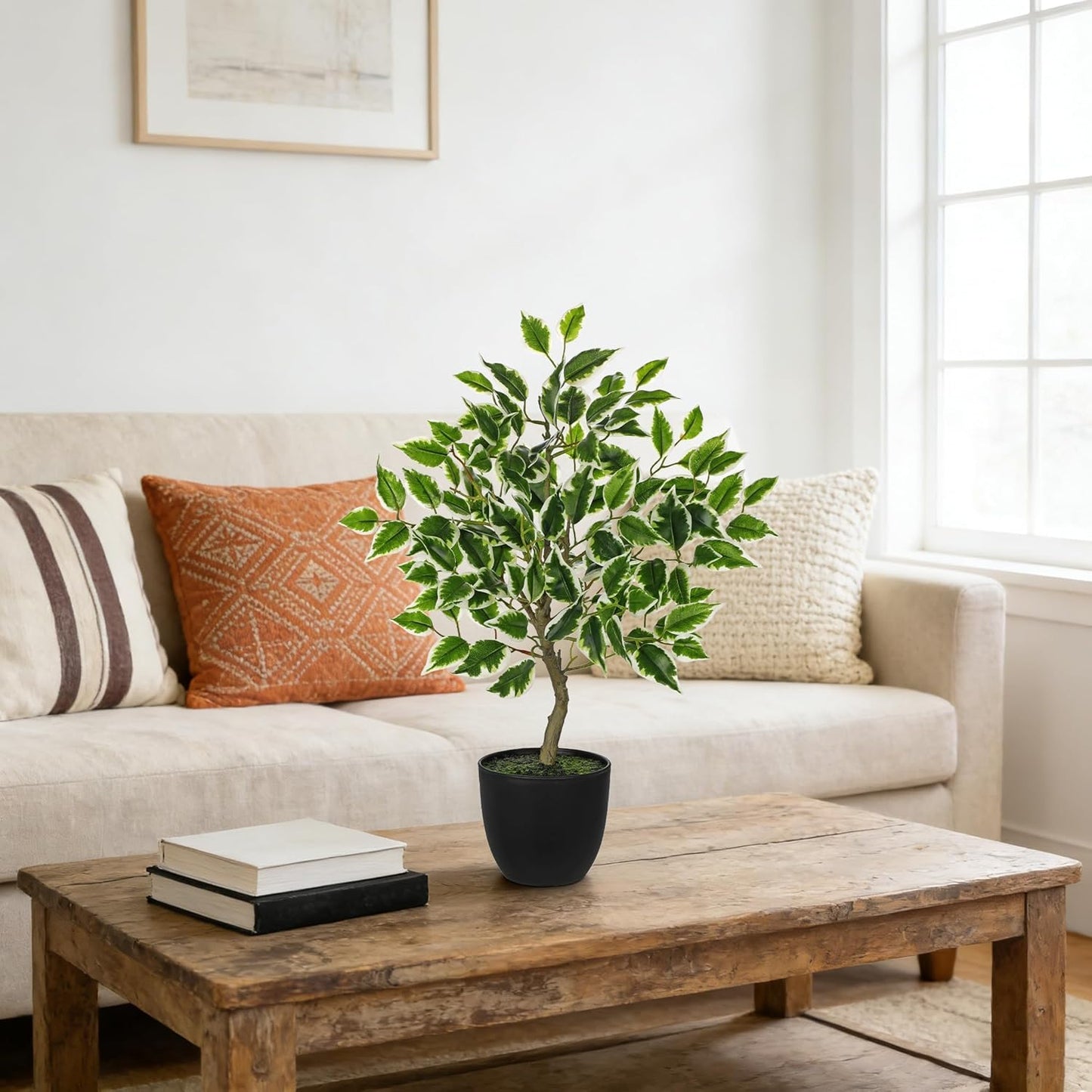 Artificial Potted Plants Indoor,19" Faux Plants Ficus Leaves Trees in Pot Realistic Fake Plant Indoor Potted for Living Room Office Farmhouse Room Bathroom Bedroom Kitchen Plant Decor Green and White