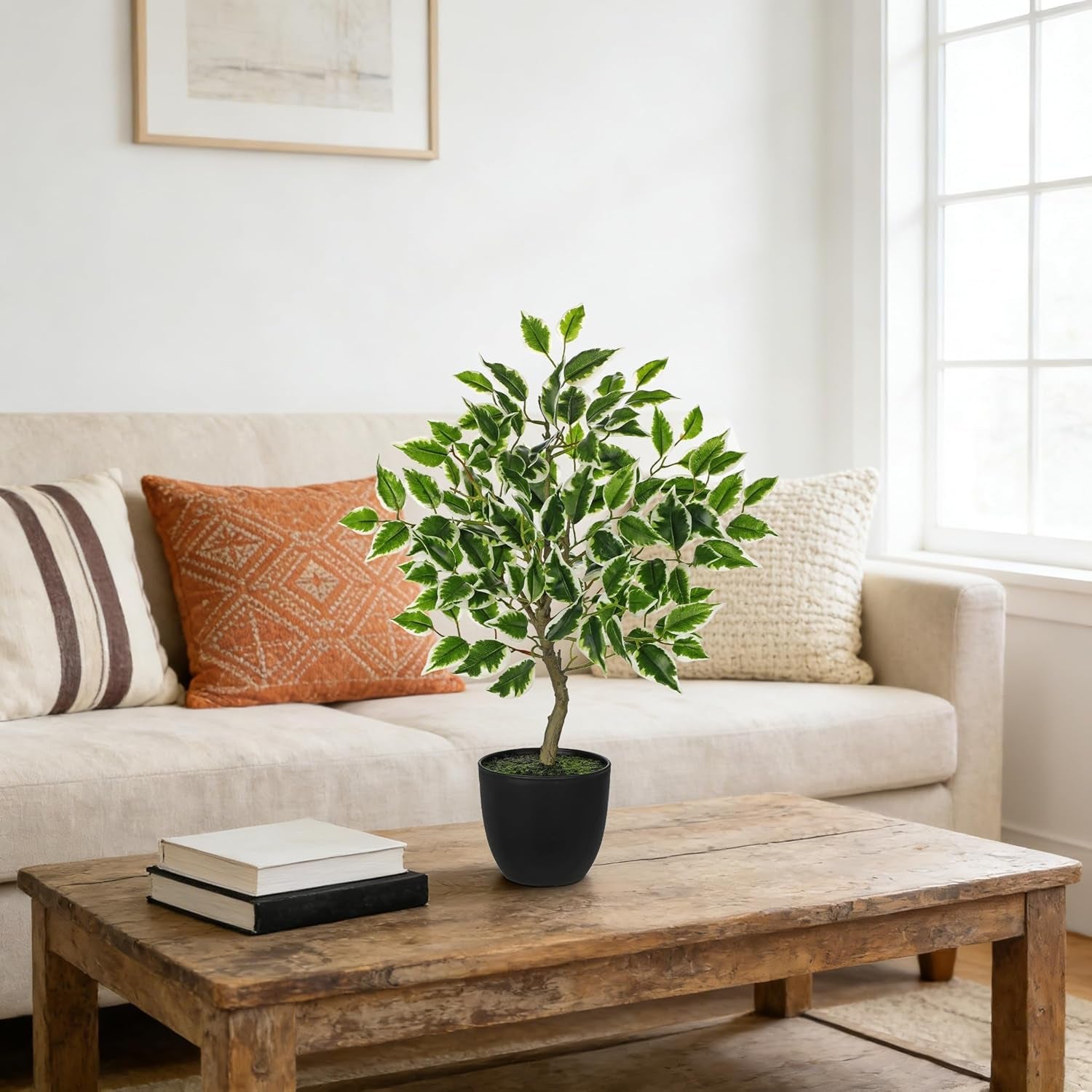 Artificial Potted Plants Indoor,19" Faux Plants Ficus Leaves Trees in Pot Realistic Fake Plant Indoor Potted for Living Room Office Farmhouse Room Bathroom Bedroom Kitchen Plant Decor Green and White