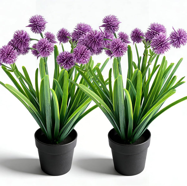 Artificial Potted Plants, Realistic Fake Greenery for Desk, Home Office Bathroom Shelf Farmhouse Table Decor, Maintenance Free (2, Allium Giganteum Purple)