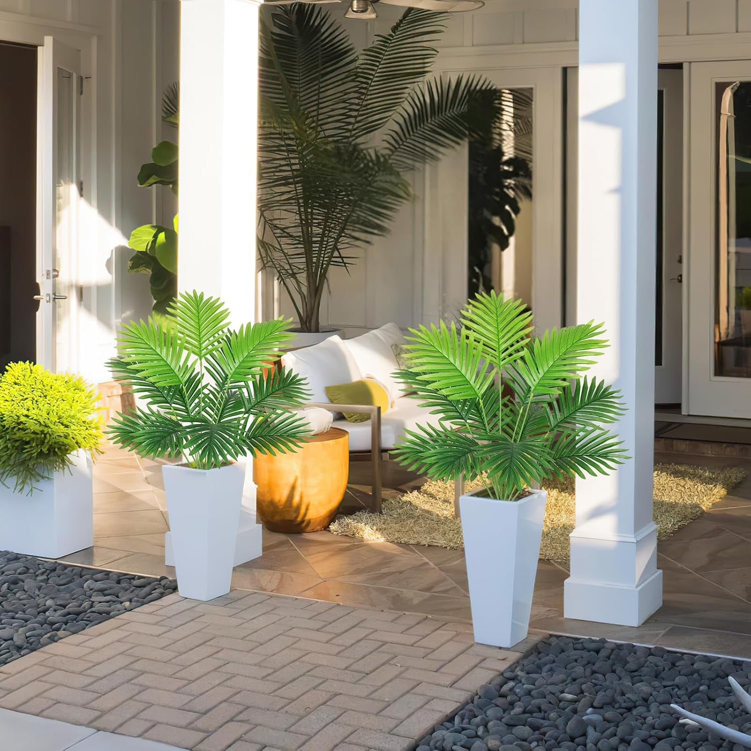 Set of 2 Artificial Areca Palm Plants in Pots, Fake Plants Artificial Floor Plants Fake Tropical Palm Tree Faux Greenry Plants for Indoor Outdoor Home Office Room Decor