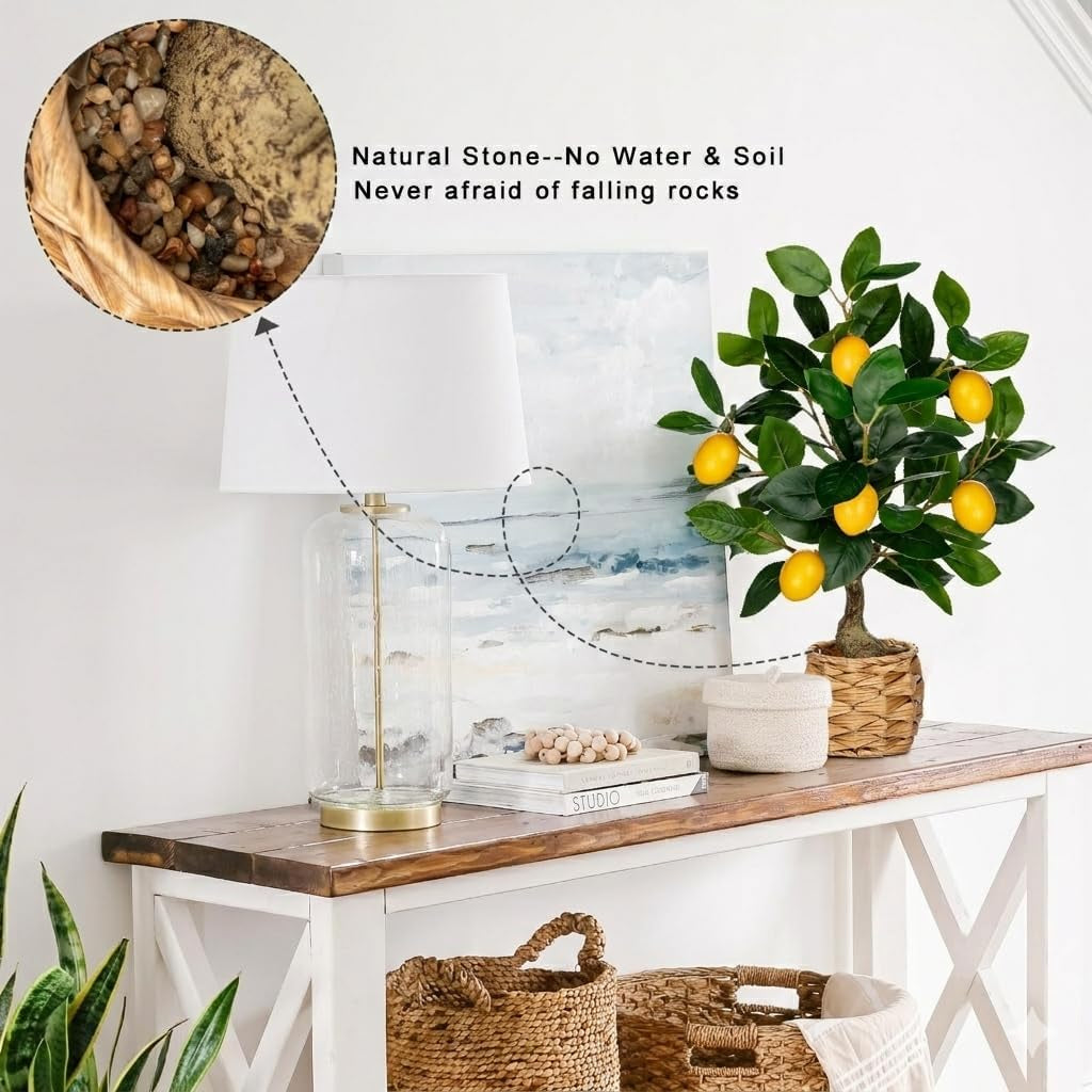 Artificial Potted Plants 17.3 Inches Small Fake Lemon Tree Artificial Lemons Citrus Tree with Woven Pot Faux Plants Indoor Lemon Decorations for Home,Office, Living Room Table, Desk