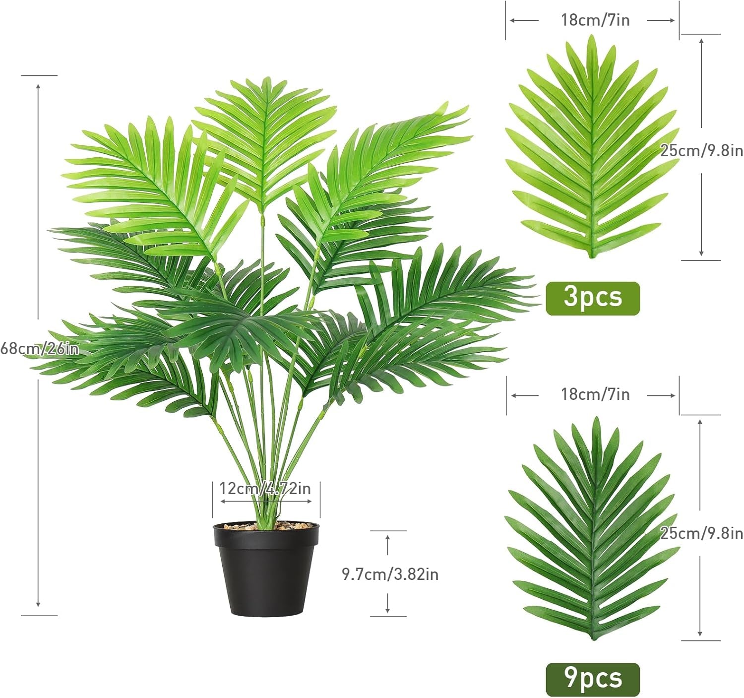 Set of 2 Artificial Areca Palm Plants in Pots, Fake Plants Artificial Floor Plants Fake Tropical Palm Tree Faux Greenry Plants for Indoor Outdoor Home Office Room Decor
