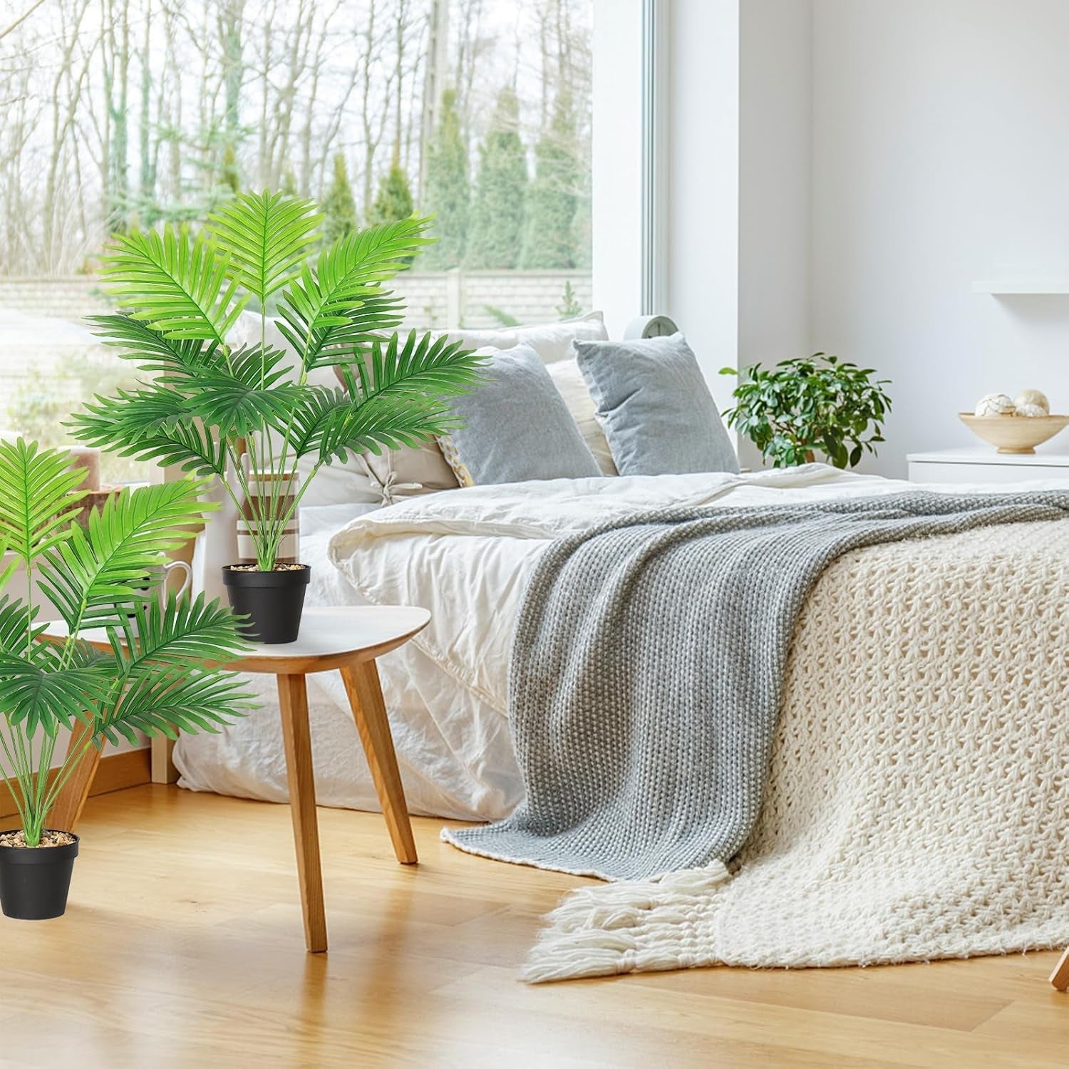 Set of 2 Artificial Areca Palm Plants in Pots, Fake Plants Artificial Floor Plants Fake Tropical Palm Tree Faux Greenry Plants for Indoor Outdoor Home Office Room Decor