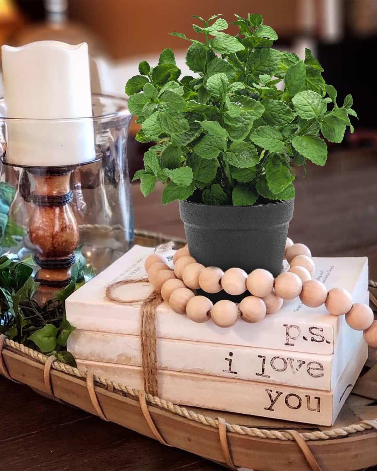 Small Fake Plants Mint Artificial Potted Plants for Home Office Bathroom Shelf Farmhouse Coffee Table Decor (Green)