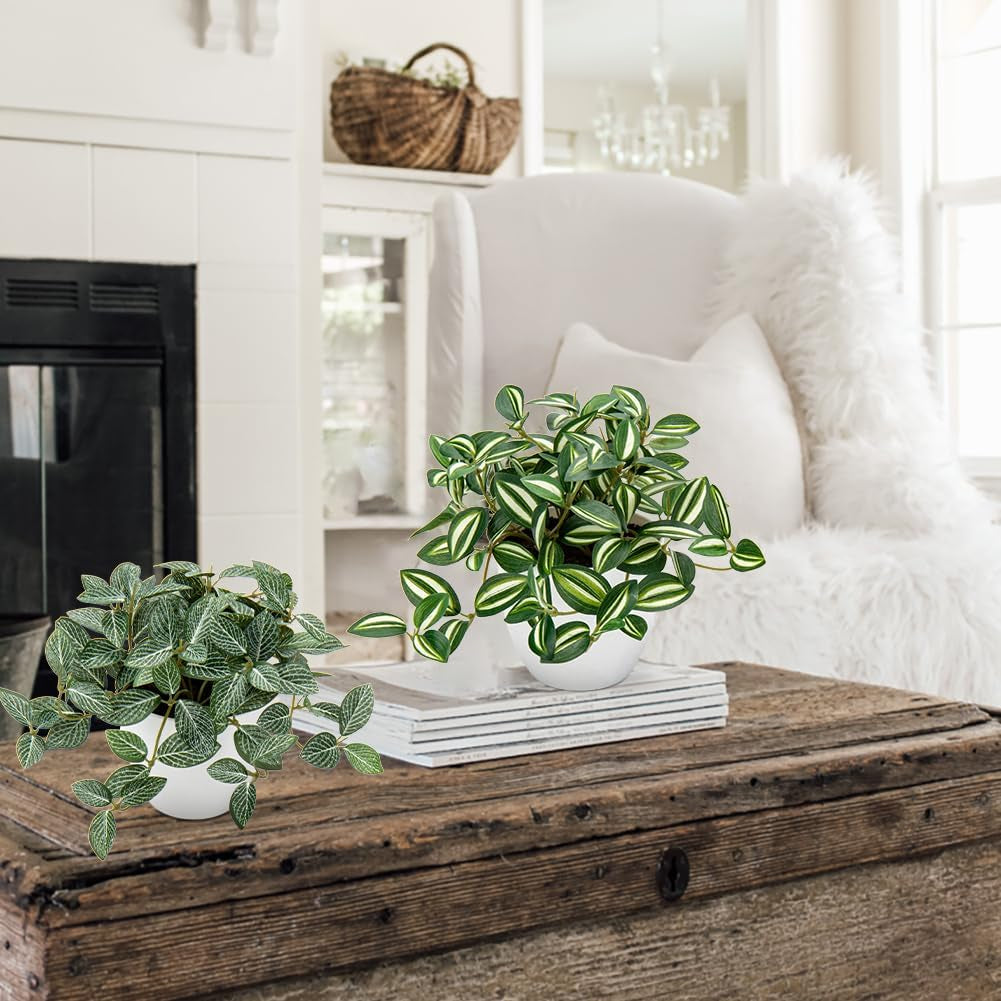 Fake Plants 2 Packs Artificial Plants Indoor Faux Plants with White Plastic Pot Small Fake Potted Plant for Home Aesthetic Living Room Bathroom Desk Shelf Office Decor