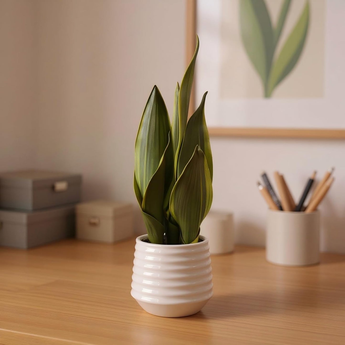 Artificial Snake Plant Potted, 15" Faux Plant, Suitable for Home Office Living Room Window Sill Indoor Decor Housewarming Gifts