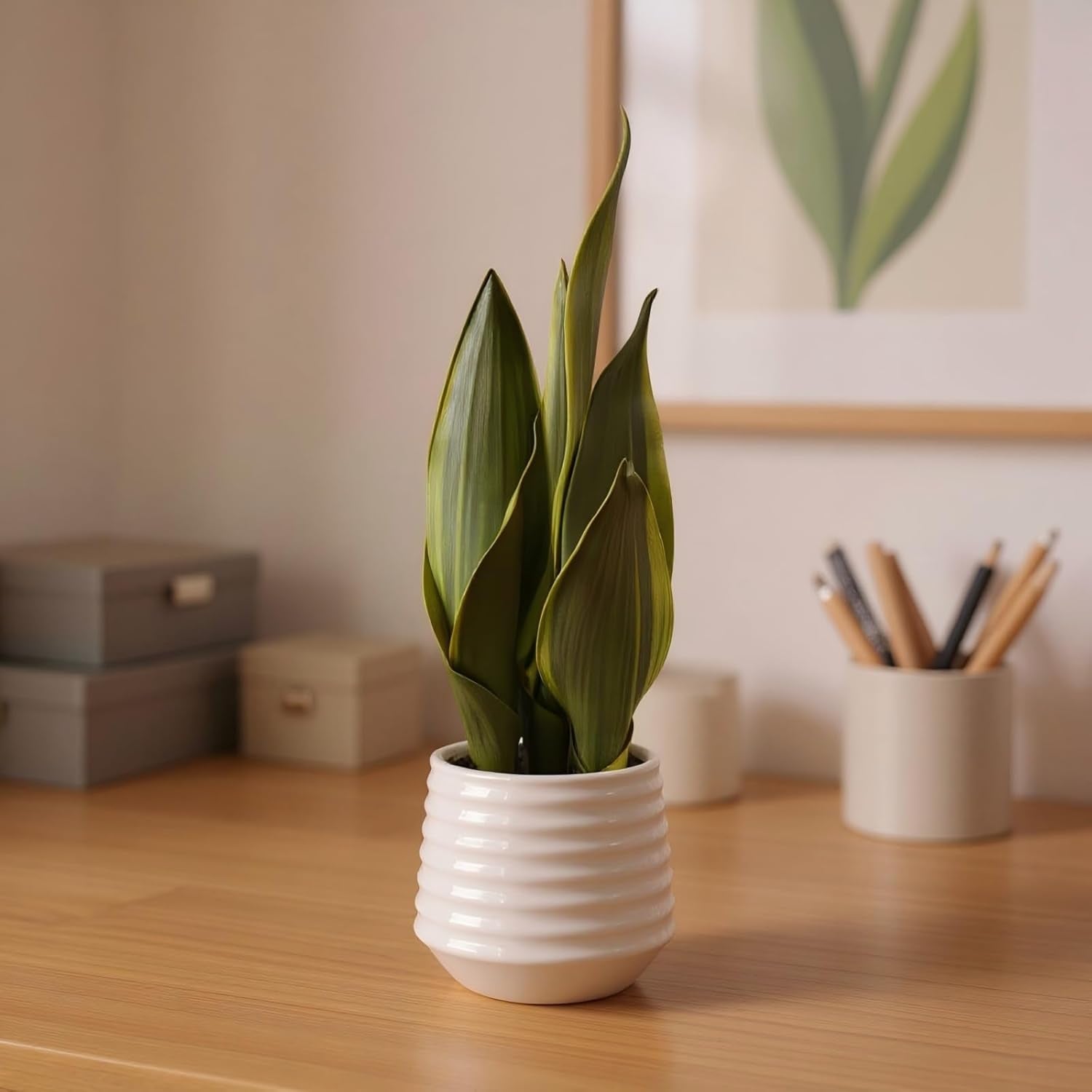Artificial Snake Plant Potted, 15" Faux Plant, Suitable for Home Office Living Room Window Sill Indoor Decor Housewarming Gifts
