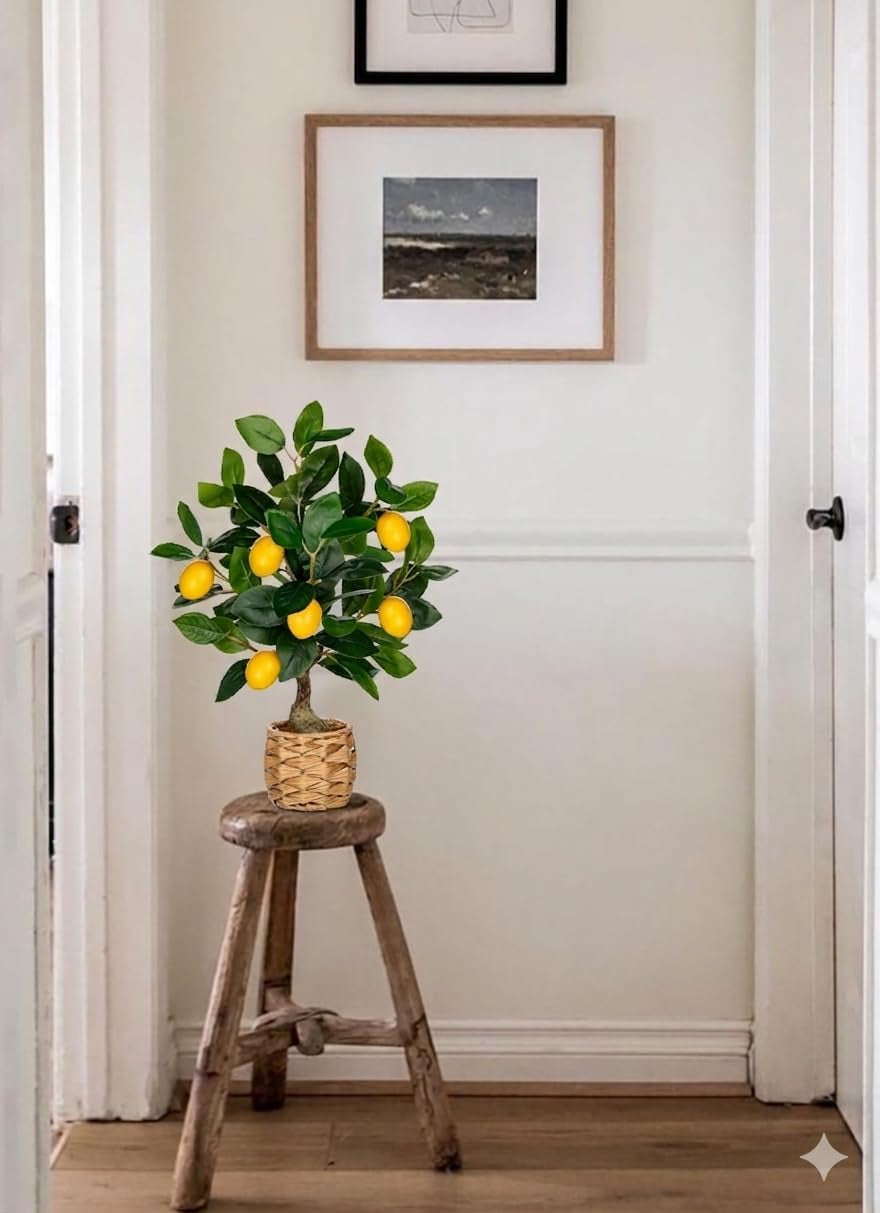 Artificial Potted Plants 17.3 Inches Small Fake Lemon Tree Artificial Lemons Citrus Tree with Woven Pot Faux Plants Indoor Lemon Decorations for Home,Office, Living Room Table, Desk