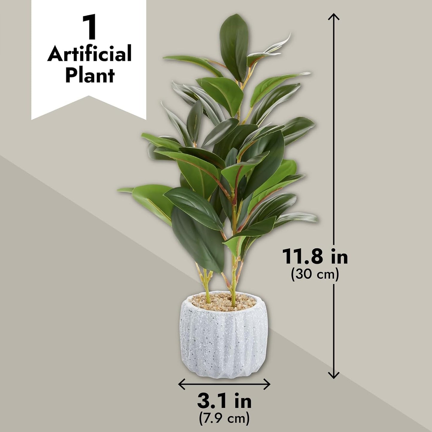 Small Artificial Ficus Plant Potted in Small Gray Cement Planter for Home Decor (11.8 In)