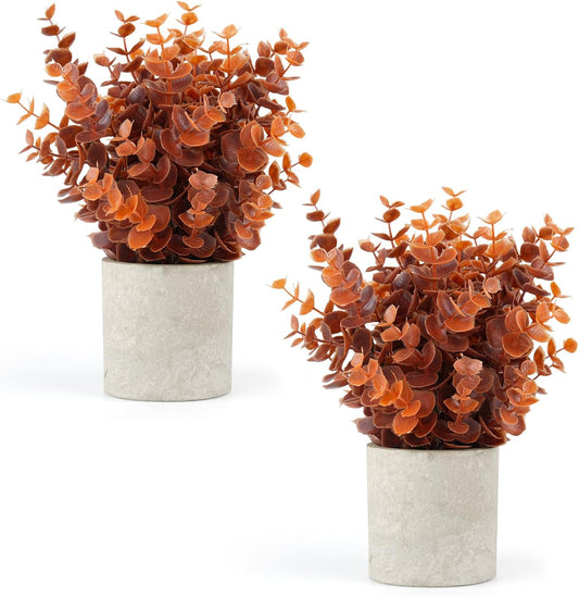 2 PCS Small Fake Eucalyptus Plant Artificial Potted Plants Indoor for Desk, Shelf, Home Decor Realistic Faux Plant for Office, Bathroom, Living Room Decoration (Fall Orange)