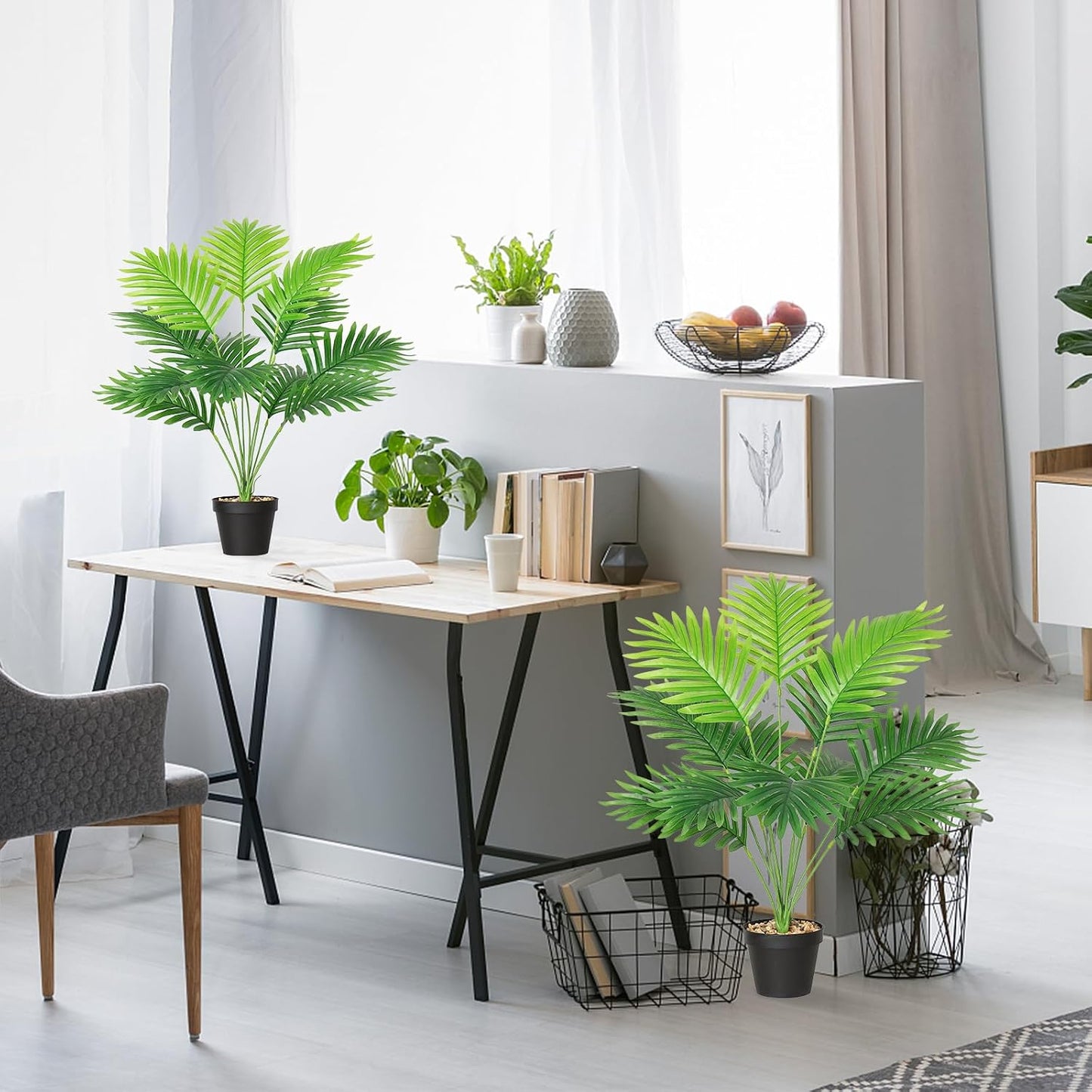 Set of 2 Artificial Areca Palm Plants in Pots, Fake Plants Artificial Floor Plants Fake Tropical Palm Tree Faux Greenry Plants for Indoor Outdoor Home Office Room Decor