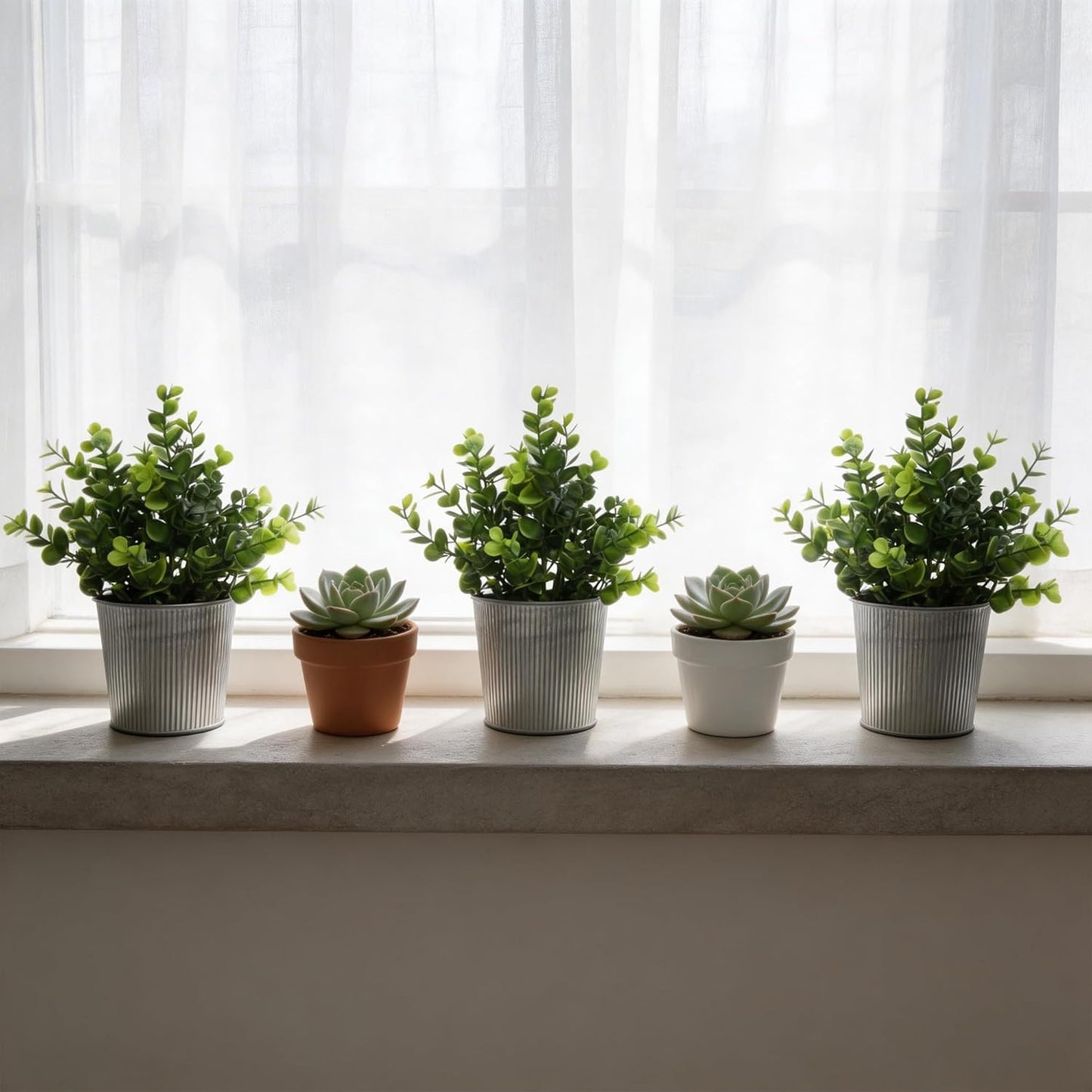3 Pack Artificial Eucalyptus Plants in Rustic Galvanized Metal Pots, Small Fake Potted Plants for Home Decor, Mini Faux Greenery Farmhouse Table Centerpiece for Bathroom, Kitchen, Bedroom, Office
