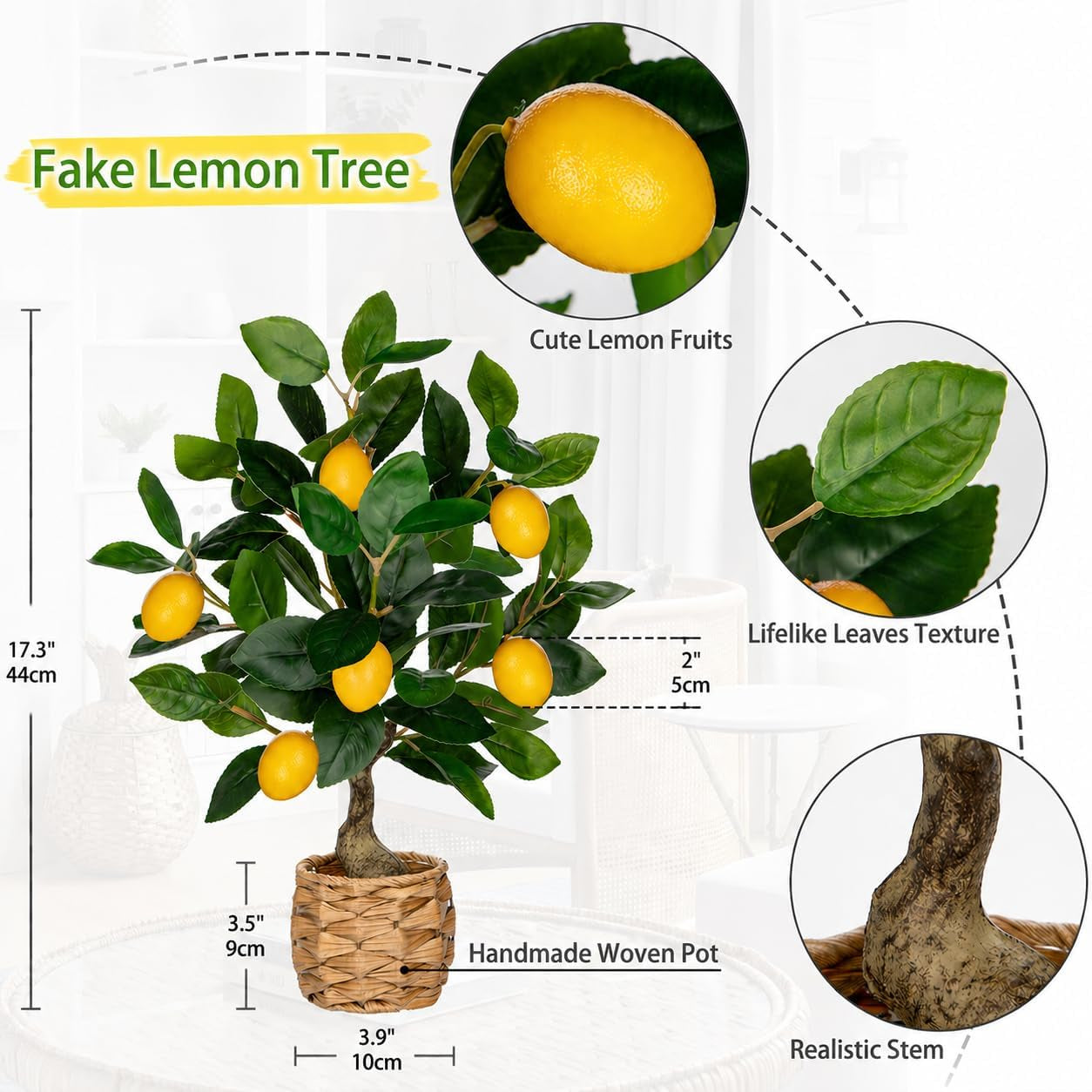 Artificial Potted Plants 17.3 Inches Small Fake Lemon Tree Artificial Lemons Citrus Tree with Woven Pot Faux Plants Indoor Lemon Decorations for Home,Office, Living Room Table, Desk