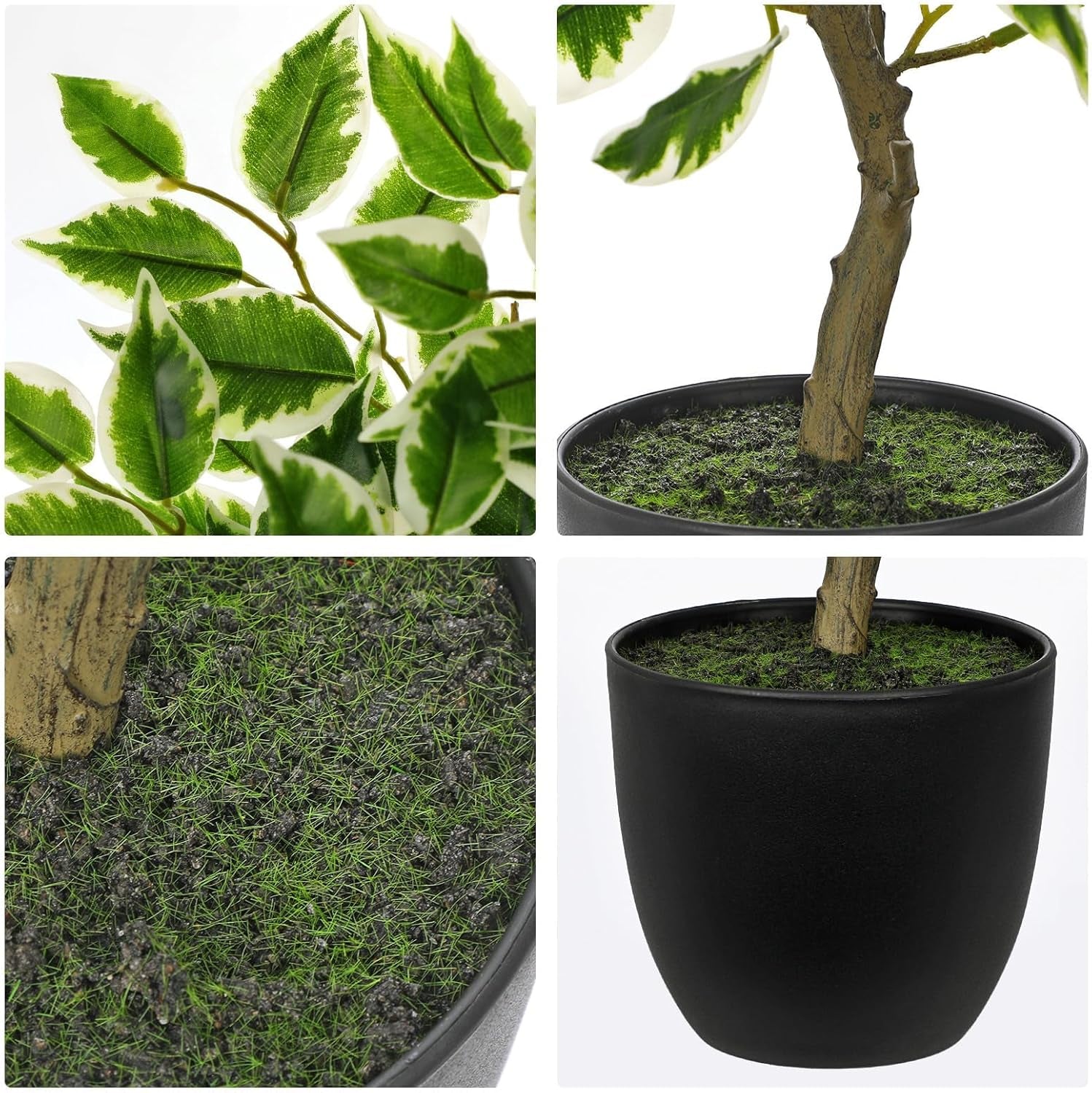 Artificial Potted Plants Indoor,19" Faux Plants Ficus Leaves Trees in Pot Realistic Fake Plant Indoor Potted for Living Room Office Farmhouse Room Bathroom Bedroom Kitchen Plant Decor Green and White