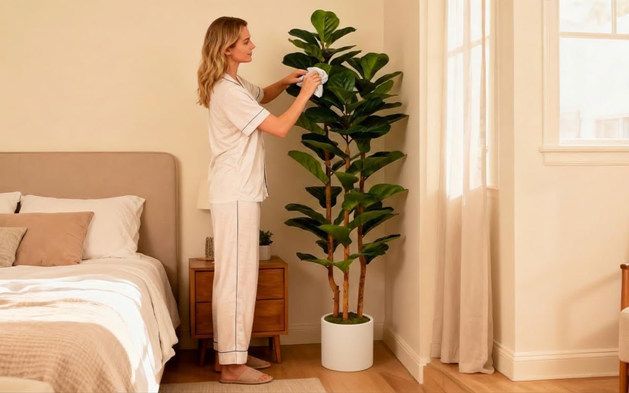 Artificial Fiddle Leaf Fig Tree 5FT with White Tall Planter-Large Faux Tree Tall Fake Floor Plant in Pot,Artificial Plants Indoor for Home Office Living Room Décor(Lyrata 5FT)
