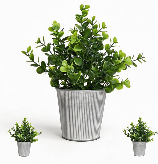 3 Pack Artificial Eucalyptus Plants in Rustic Galvanized Metal Pots, Small Fake Potted Plants for Home Decor, Mini Faux Greenery Farmhouse Table Centerpiece for Bathroom, Kitchen, Bedroom, Office