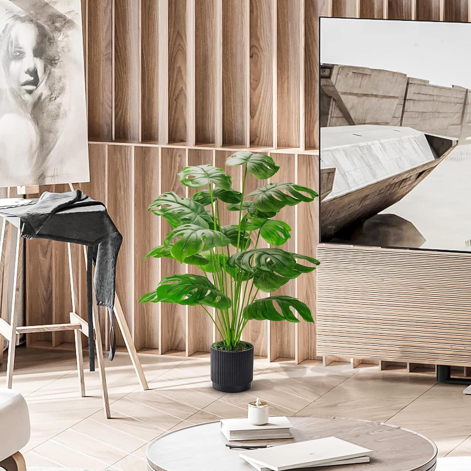 28" Black Pot Fake Monstera Plants, Large Artificial Potted Plants for Indoor & Outdoor Floor Front Porch Modern Decor