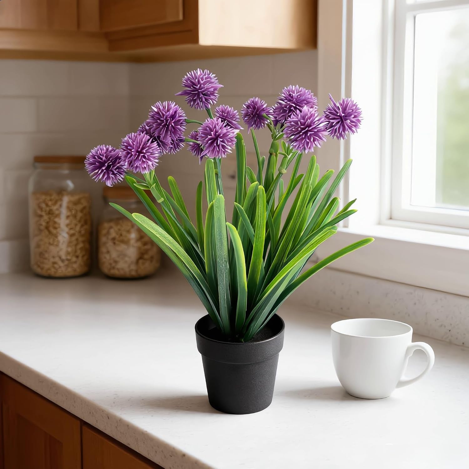 Artificial Potted Plants, Realistic Fake Greenery for Desk, Home Office Bathroom Shelf Farmhouse Table Decor, Maintenance Free (2, Allium Giganteum Purple)