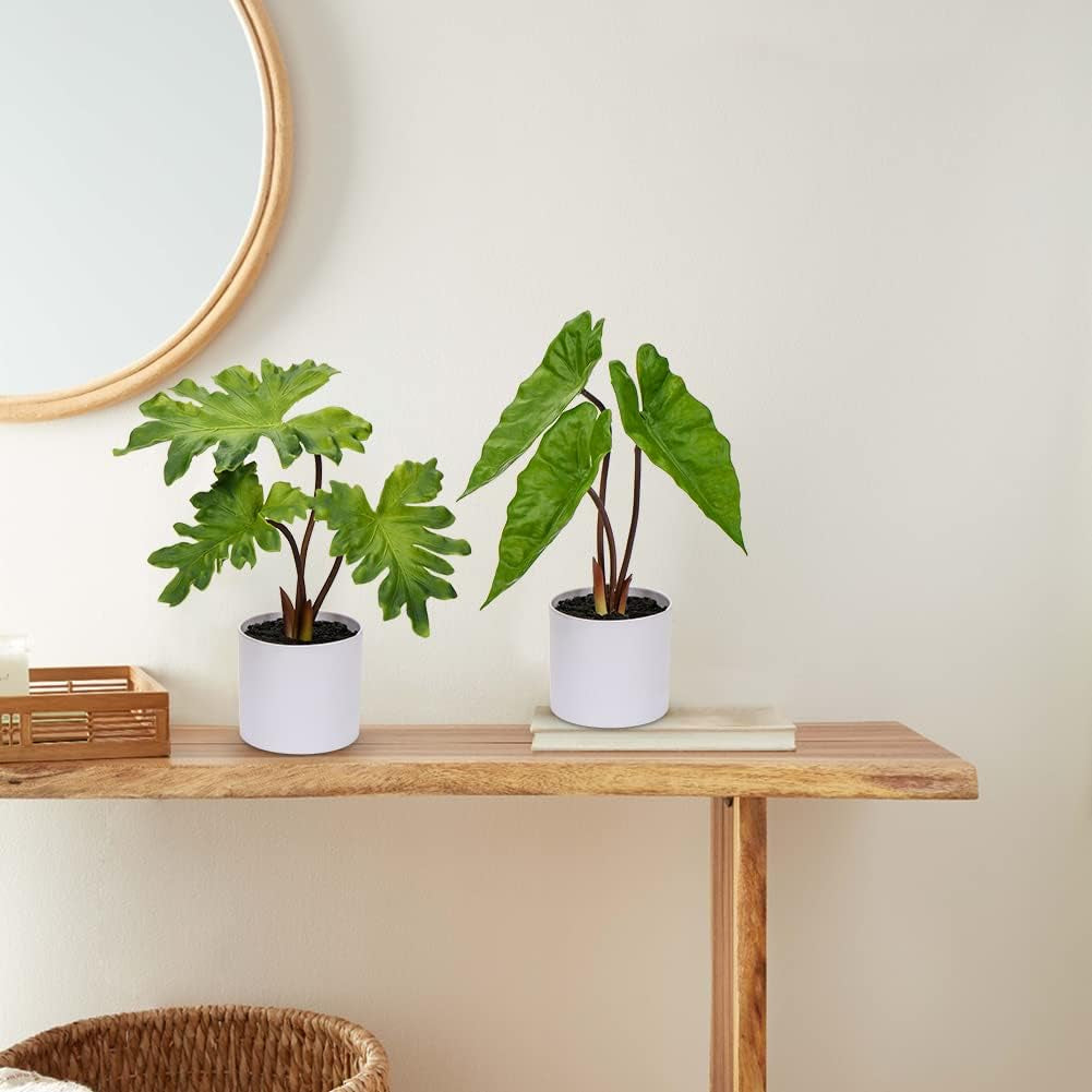 Fake Plants Set of 2 Artificial Potted Plants Faux Plants Begonia Plants in White Pots Real Touch Leaves for Office Table Desk Shelf Bathroom Bedroom Greenery Decoration Home Indoor Decor